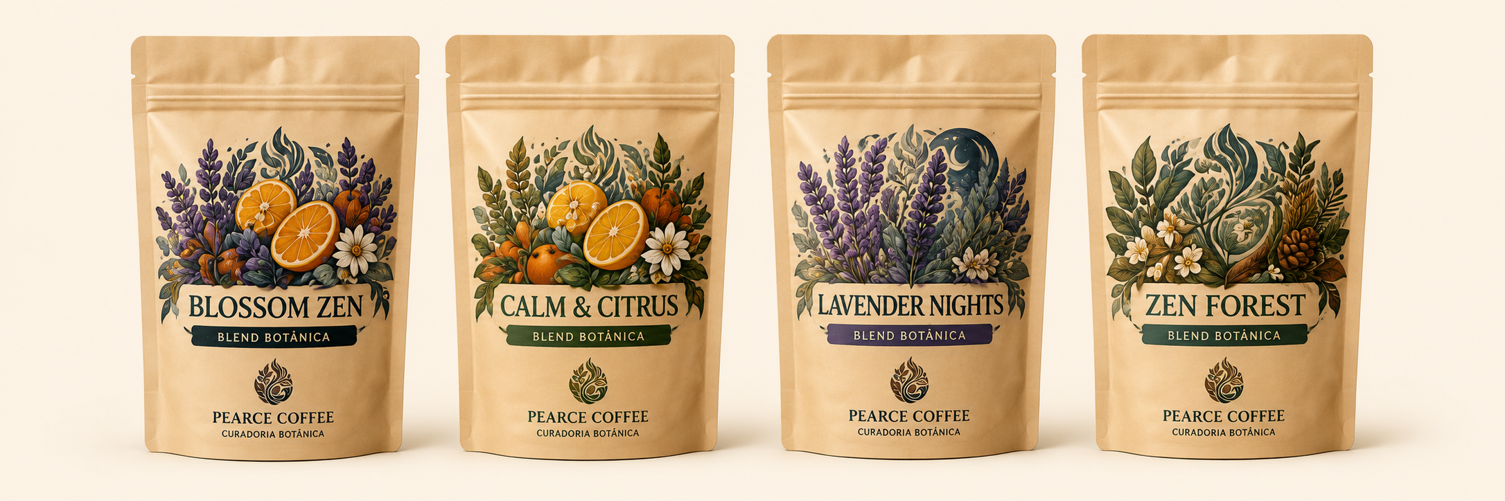 Grupo de embalagens de blends botânicos Pearce Coffee