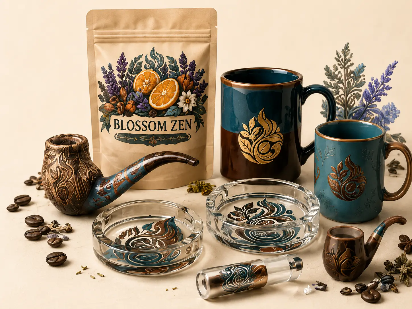 Cena de produtos Pearce Coffee com café, canecas, cachimbo, piteira, cinzeiros e embalagem botânica